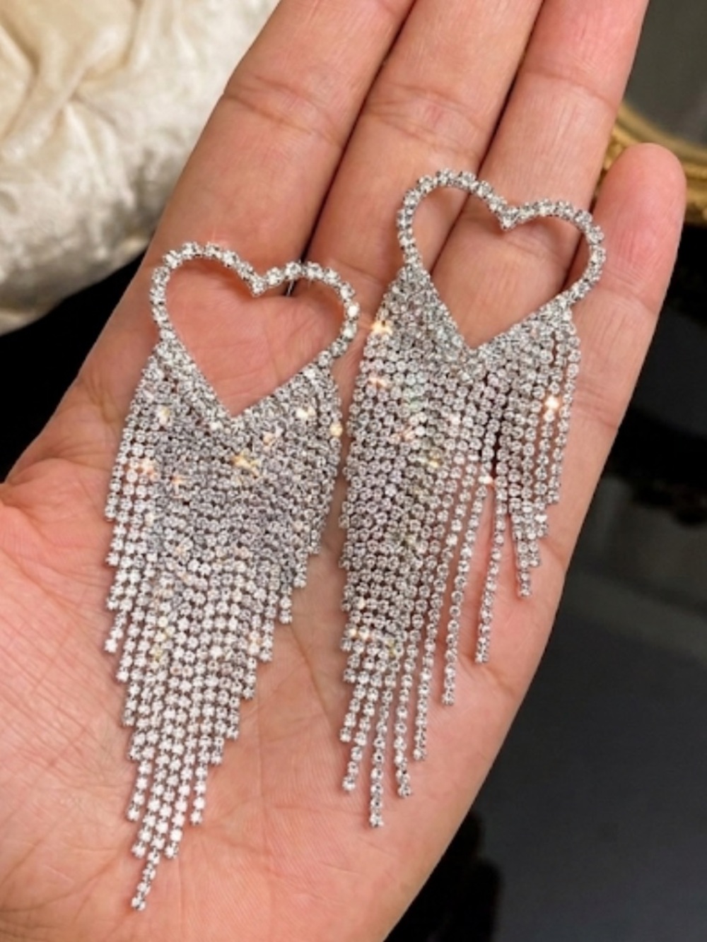 Large Rhinestone Heart Tassel Fringe Earrings Silver Statement Dangle Crystal
C3